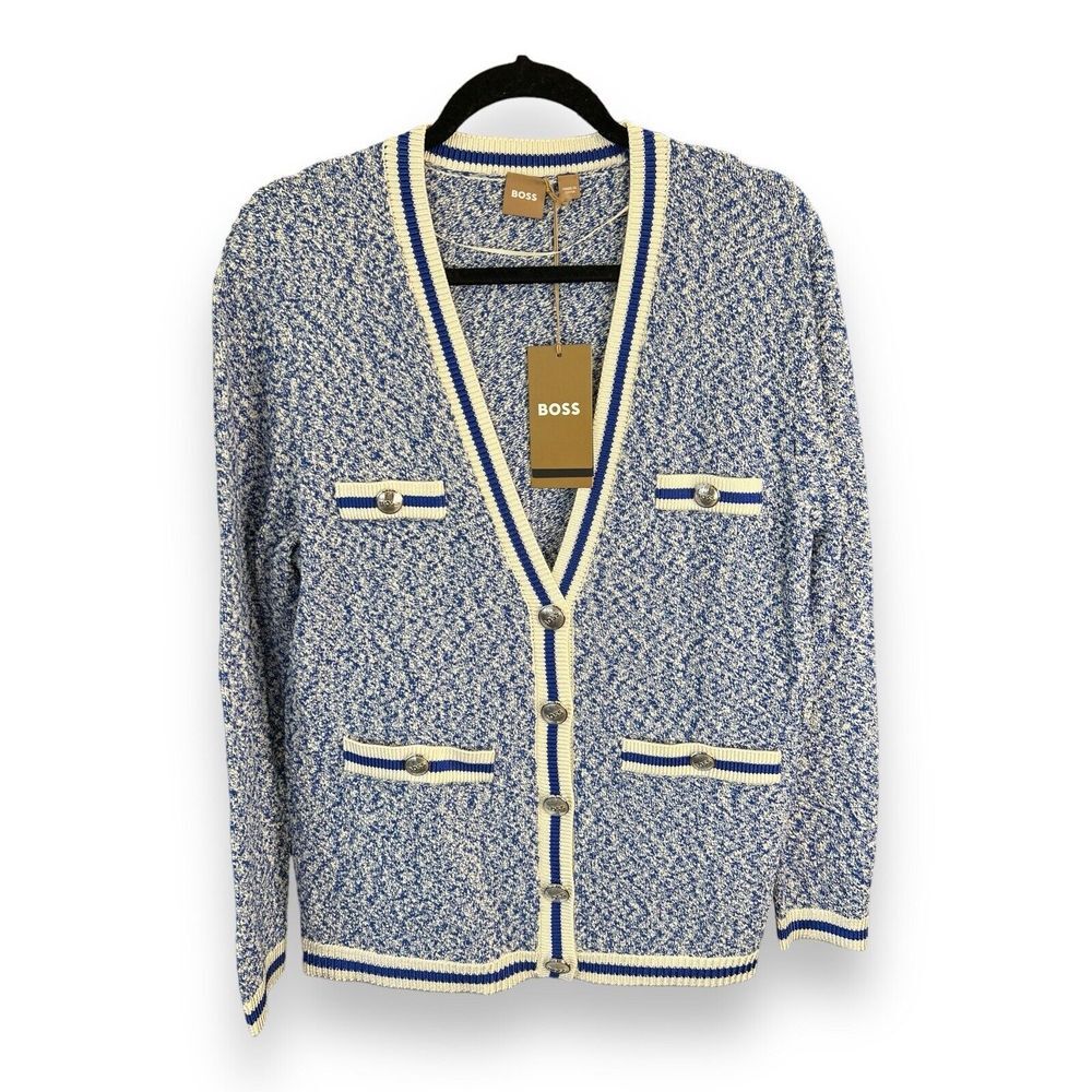 NWT Hugo BOSS Women's C Folonia V-Neck Cardigan Sweater Size Medium Blue White